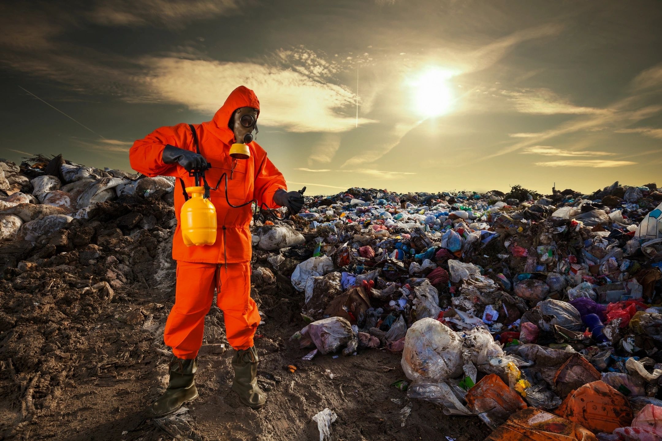 Hazmat suited worker at a waste site illustrating the health hazards of dirty bins